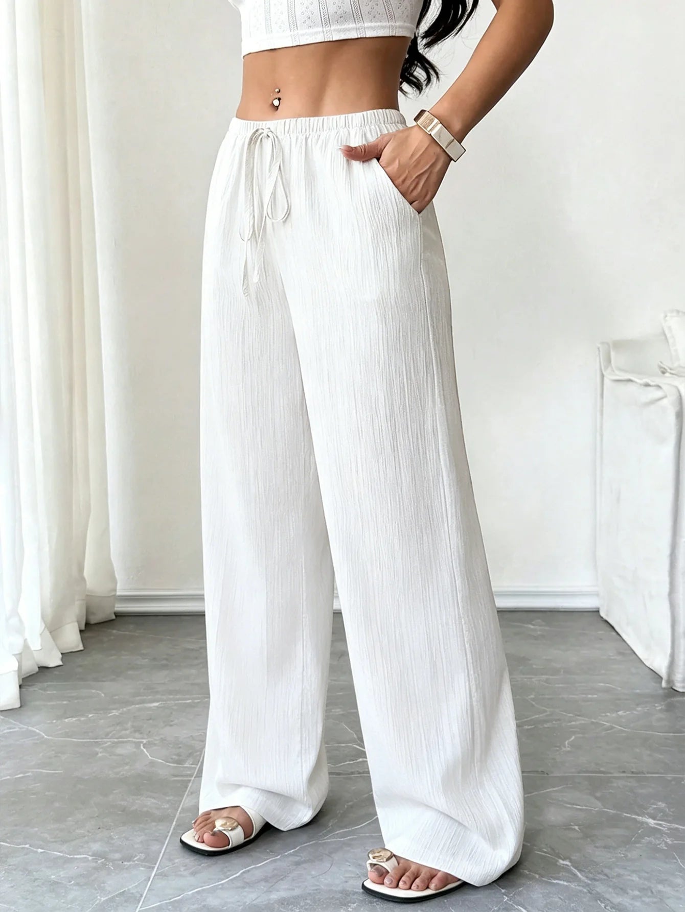 Women Summer Linen Wide Leg Pants Drawstring Elastic Waist Trousers, Casual Vacation Summer Clothing Women Trendy Outfit Bottoms