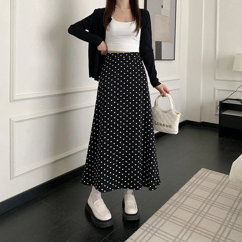 Black White Polka Dot Chiffon Long Skirts For Women Spring Summer High Waist A-line Skirt Korean Style Elegant Vintage Skirt