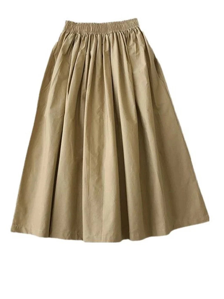 Women's White Long Skirt High Waist A-Line Knee-Length Fashion Pockets Pleated Casual Elegant Skirts for Autumn 2024