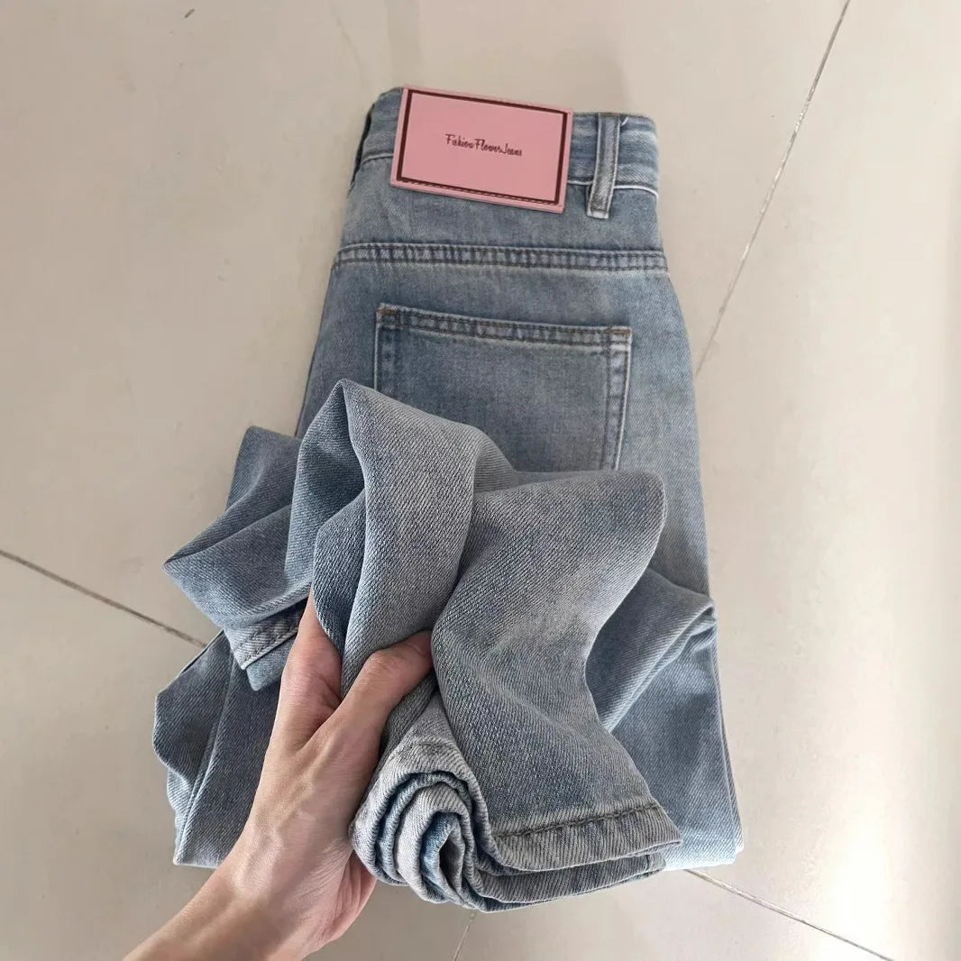 Summer new thin drapey denim pants for petite women, high-waisted, loose-fitting, slimming, versatile straight-leg pants
