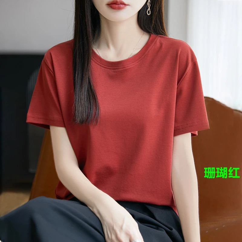 High-End Cool Mercerized Cotton Short-Sleeved T-shirt Women's Solid Color Half Sleeve Bottoming T-Shirt Top