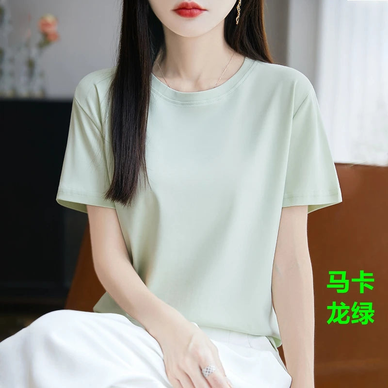 High-End Cool Mercerized Cotton Short-Sleeved T-shirt Women's Solid Color Half Sleeve Bottoming T-Shirt Top