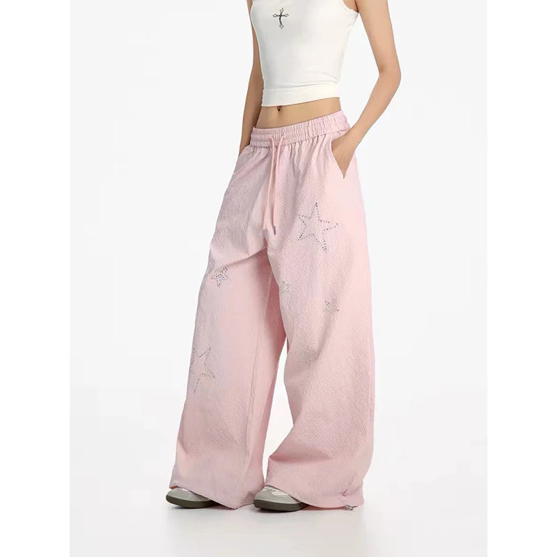 YIBASHU Women's Pink Baggy Pants Oversize Sweatpants Star Long Pants Harajuku Japanese 2000s Style Y2k Vintage Trousers Clothes