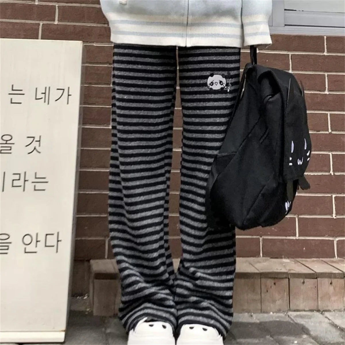 Harajuku Cartoon Embroidery Pants Women Kawaii Striped Loose Korean Trouser Shorts Y2K Subculture Vintage Female Wide Leg Pants