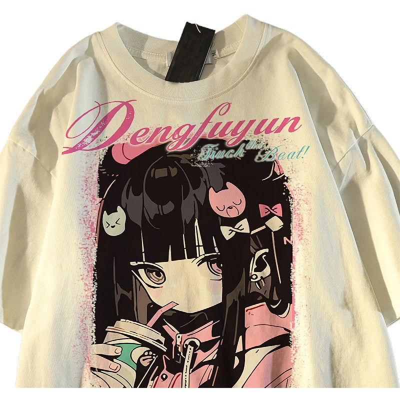 Trendy Brand Sweet Cool Anime Character Print Short-sleeved T-shirt for Men and Women Loose High Street Vintage Top, Summer
