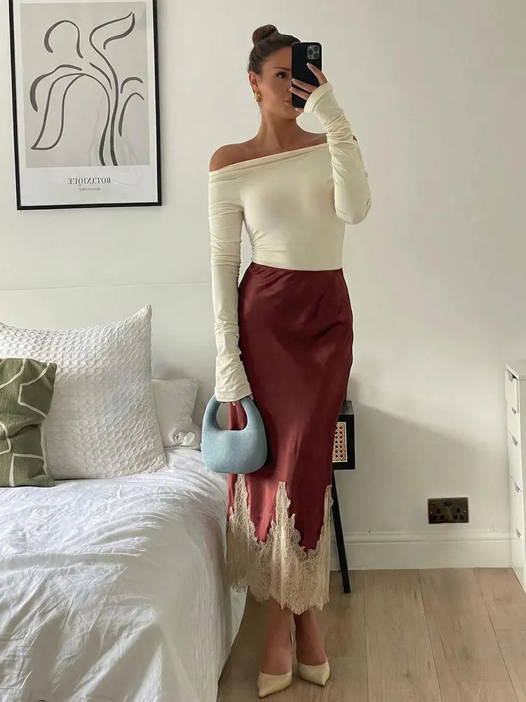 HH Women Lace Patchwork Midi Skirt Slim High Waist Satin Skirts Summer Trend Woman Elegant Evening Party Chic Skirts ﻿Mujer
