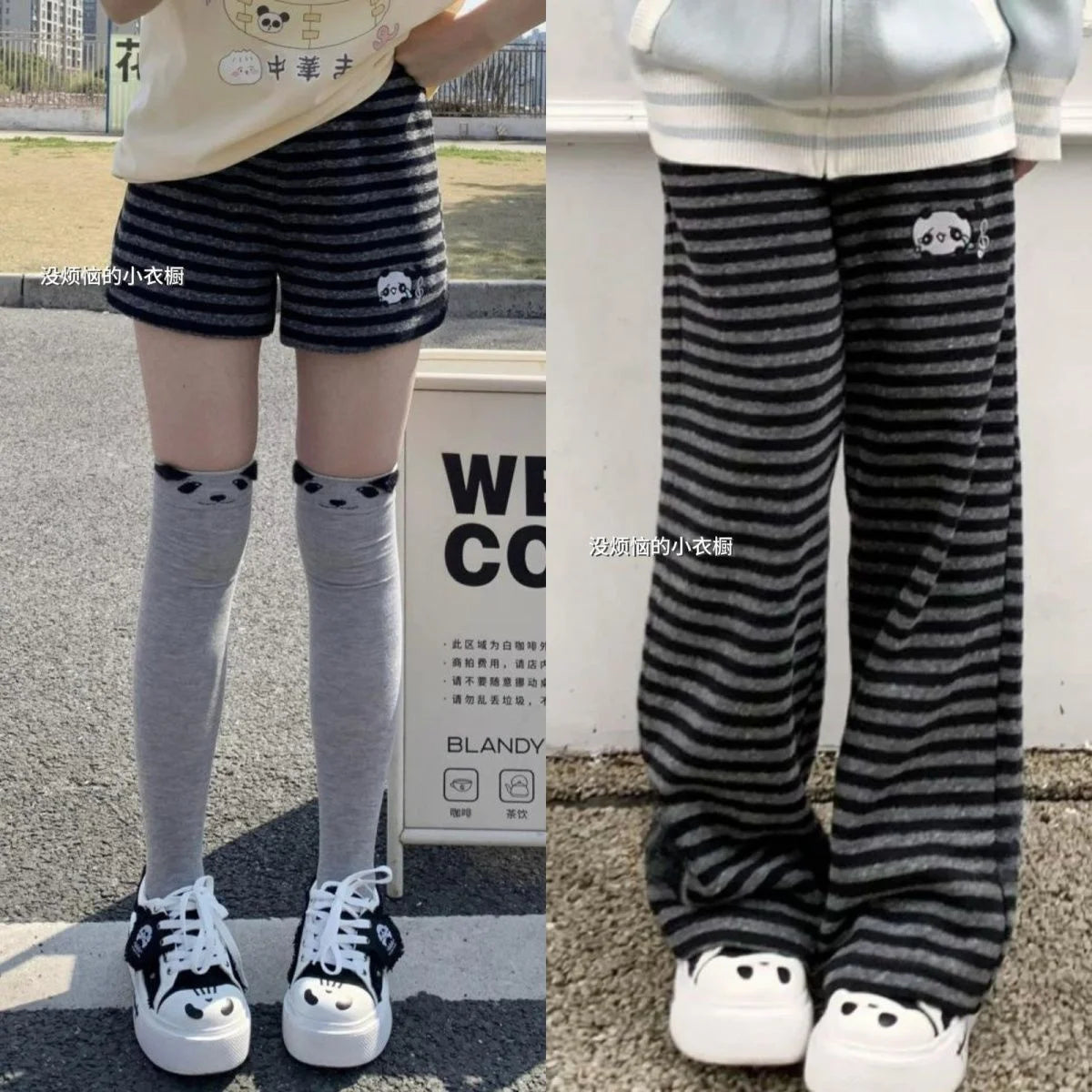 Harajuku Cartoon Embroidery Pants Women Kawaii Striped Loose Korean Trouser Shorts Y2K Subculture Vintage Female Wide Leg Pants