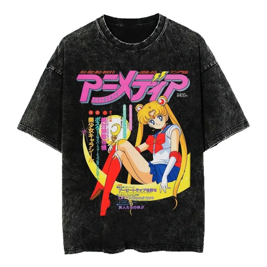 2026 New Arrival Women Sailor Moon 100% Pure Cotton Washed Retro T-shirt Summer Y2K Street Fashion Tops