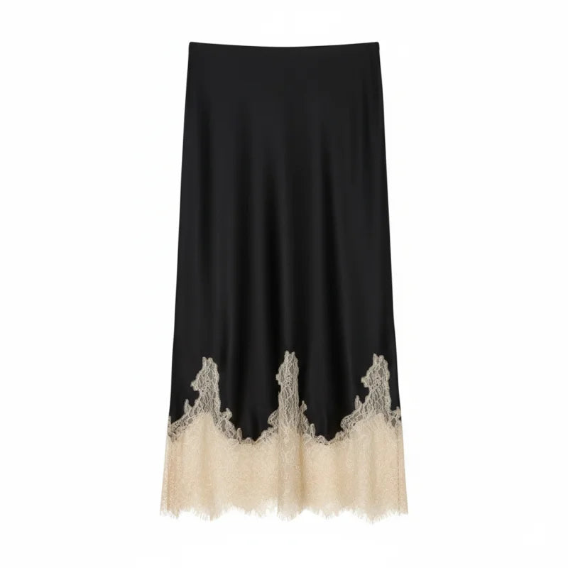 HH Women Lace Patchwork Midi Skirt Slim High Waist Satin Skirts Summer Trend Woman Elegant Evening Party Chic Skirts ﻿Mujer