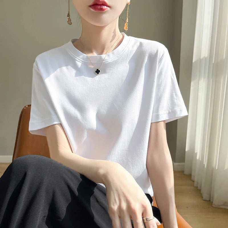 High-End Cool Mercerized Cotton Short-Sleeved T-shirt Women's Solid Color Half Sleeve Bottoming T-Shirt Top
