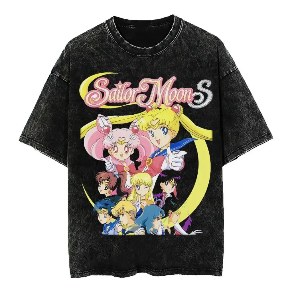 2026 New Arrival Women Sailor Moon 100% Pure Cotton Washed Retro T-shirt Summer Y2K Street Fashion Tops
