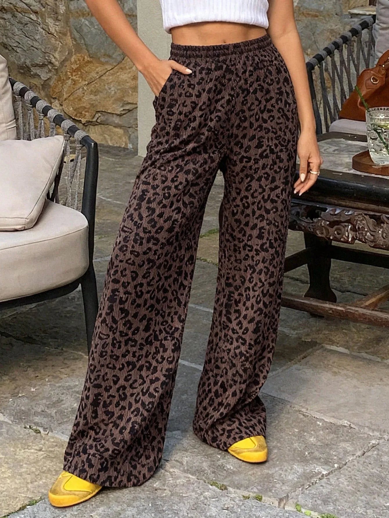 Women's Ribbed Leopard Print Wide Leg Pants, Elastic High Waist Drawstring Palazzo Trousers with Pockets, Casual Street Loose Bo
