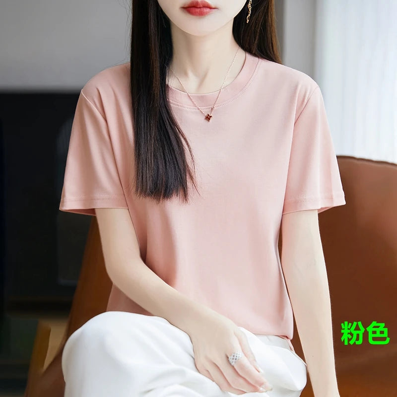 High-End Cool Mercerized Cotton Short-Sleeved T-shirt Women's Solid Color Half Sleeve Bottoming T-Shirt Top