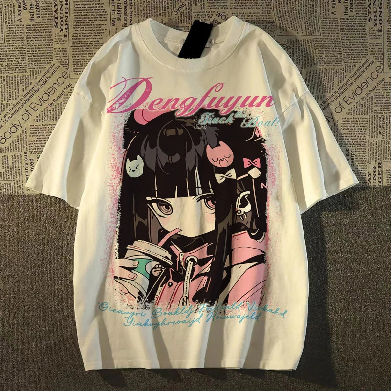 Trendy Brand Sweet Cool Anime Character Print Short-sleeved T-shirt for Men and Women Loose High Street Vintage Top, Summer