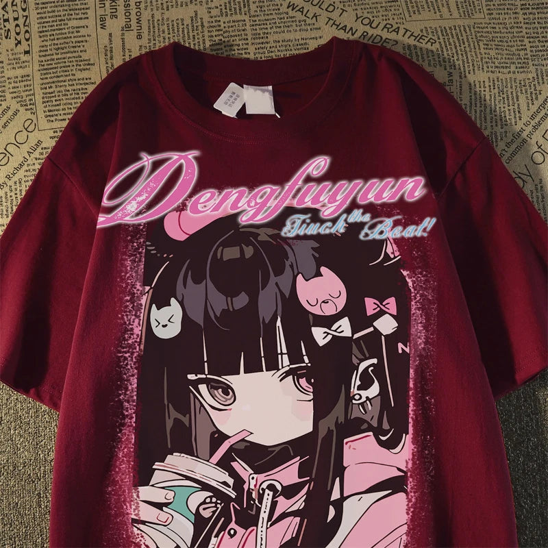 Trendy Brand Sweet Cool Anime Character Print Short-sleeved T-shirt for Men and Women Loose High Street Vintage Top, Summer