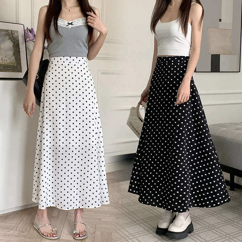 Black White Polka Dot Chiffon Long Skirts For Women Spring Summ...