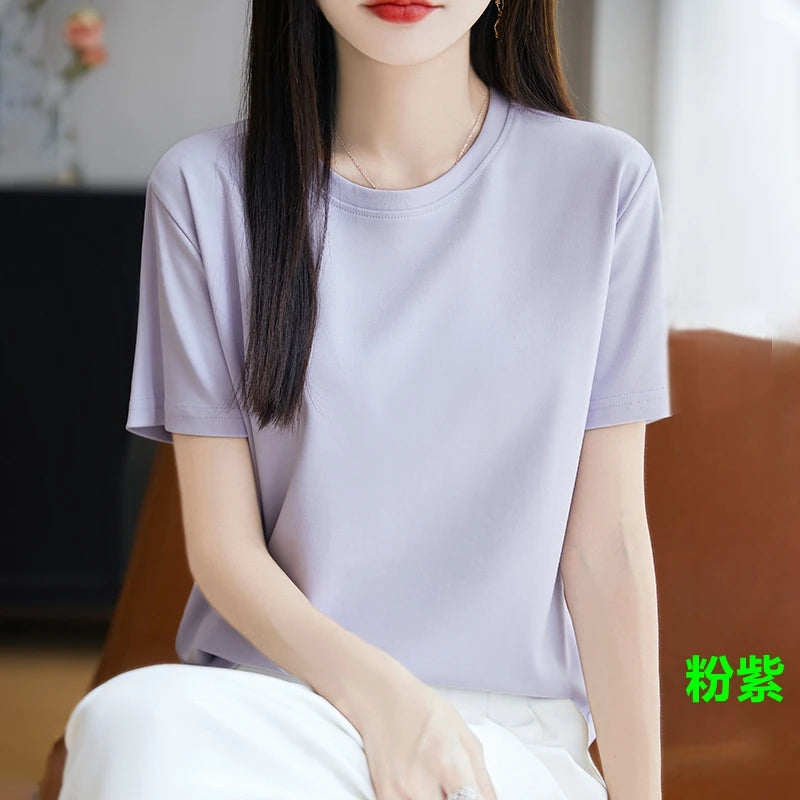 High-End Cool Mercerized Cotton Short-Sleeved T-shirt Women's Solid Color Half Sleeve Bottoming T-Shirt Top