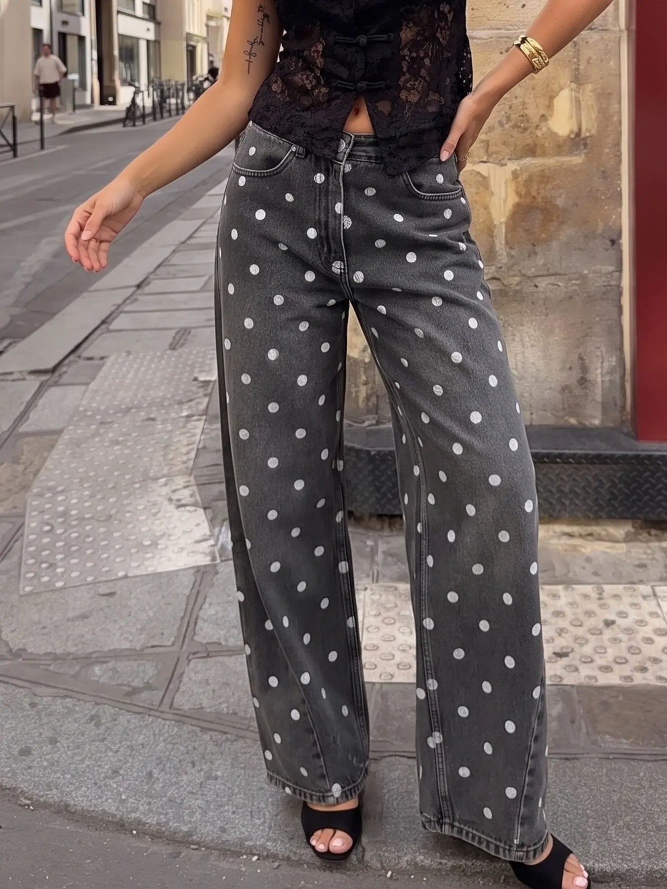 HH Women Fashion Polka Dot Grey Jeans High Waist Straight Denim Pants Spring Autumn Woman Casual Street Commuter Chic Trousers