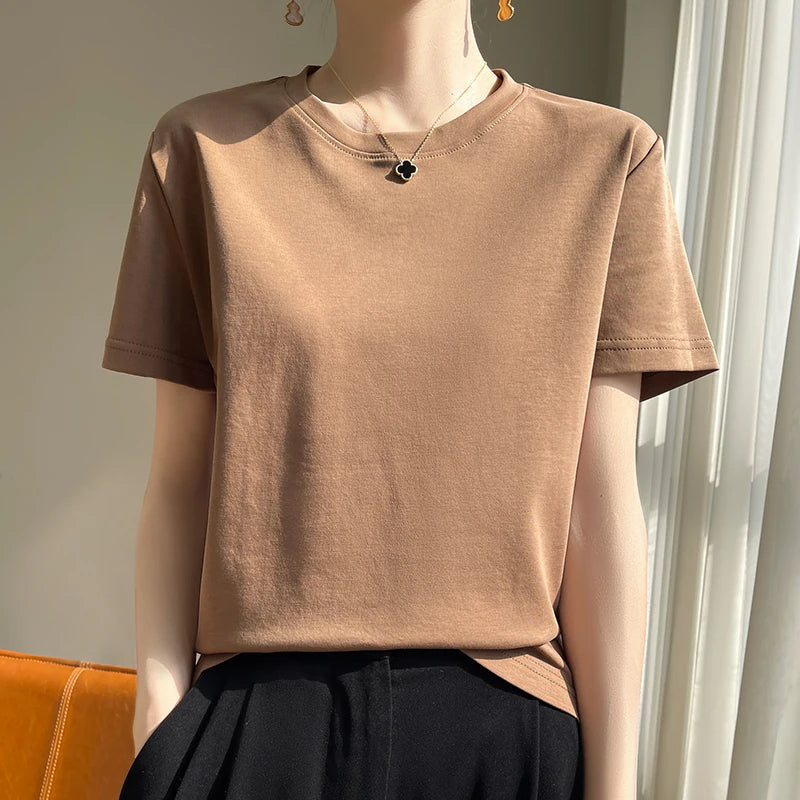 High-End Cool Mercerized Cotton Short-Sleeved T-shirt Women's Solid Color Half Sleeve Bottoming T-Shirt Top