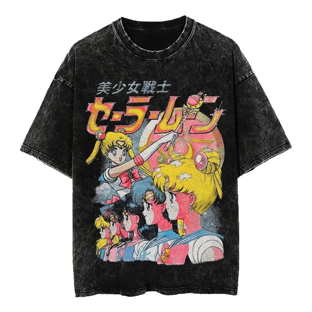 2026 New Arrival Women Sailor Moon 100% Pure Cotton Washed Retro T-shirt Summer Y2K Street Fashion Tops