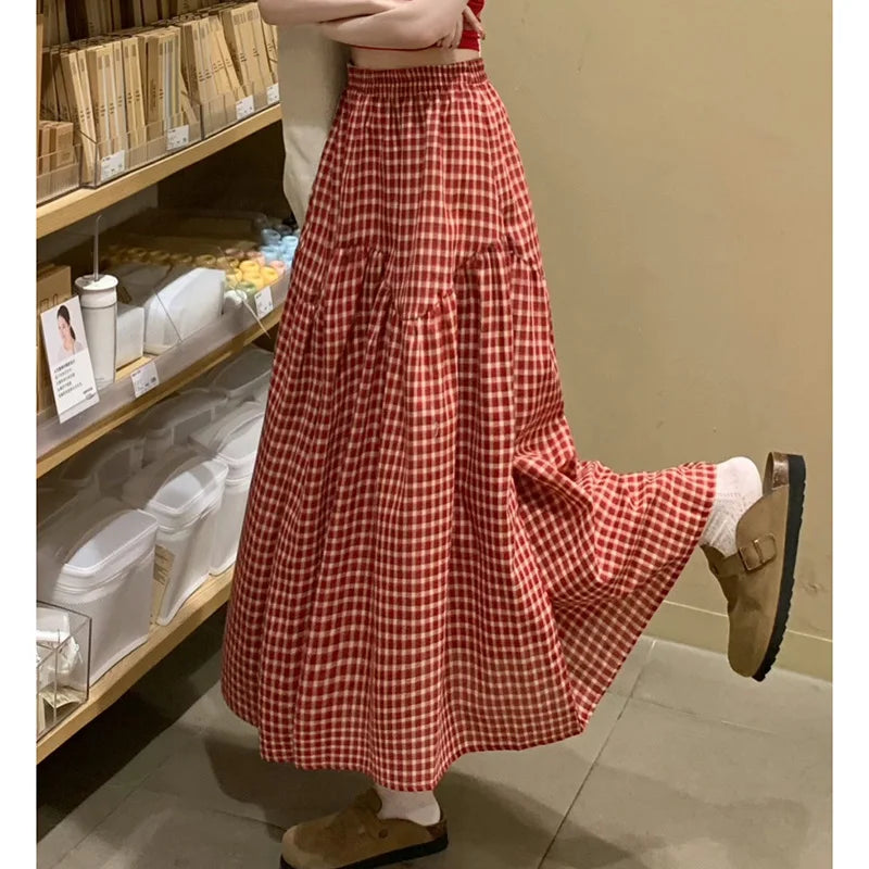 Women Sweet Plaid Long Skirt Summer Loose High Waist Vintage A Line Skirts Casual Retro Korean Preppy Style Cute Long Skirts New