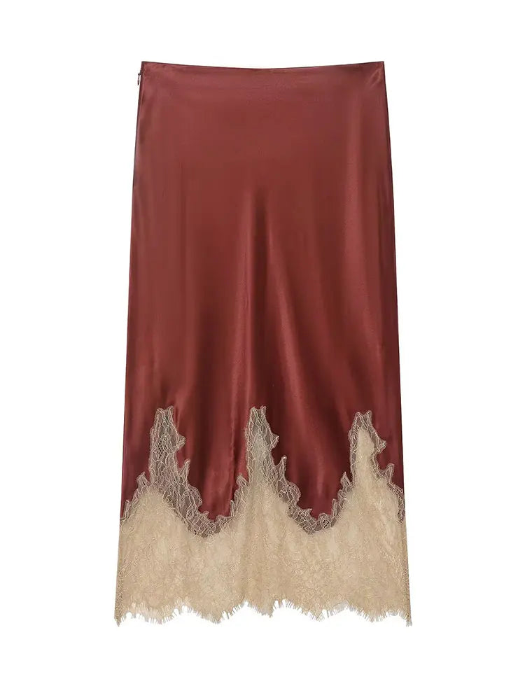 HH Women Lace Patchwork Midi Skirt Slim High Waist Satin Skirts Summer Trend Woman Elegant Evening Party Chic Skirts ﻿Mujer