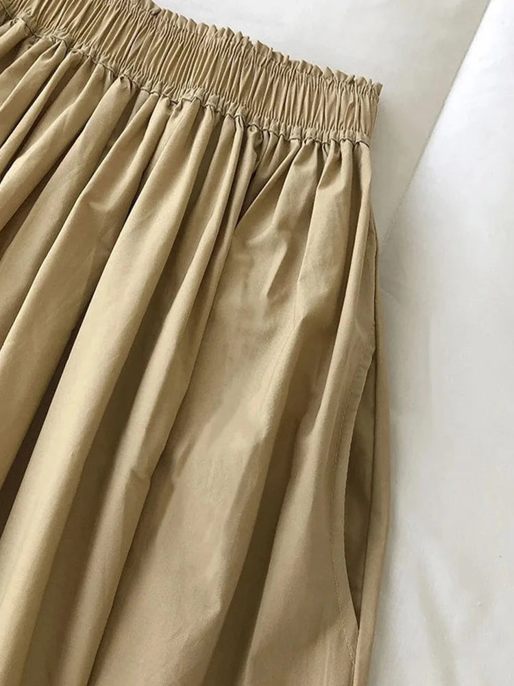 Women's White Long Skirt High Waist A-Line Knee-Length Fashion Pockets Pleated Casual Elegant Skirts for Autumn 2024