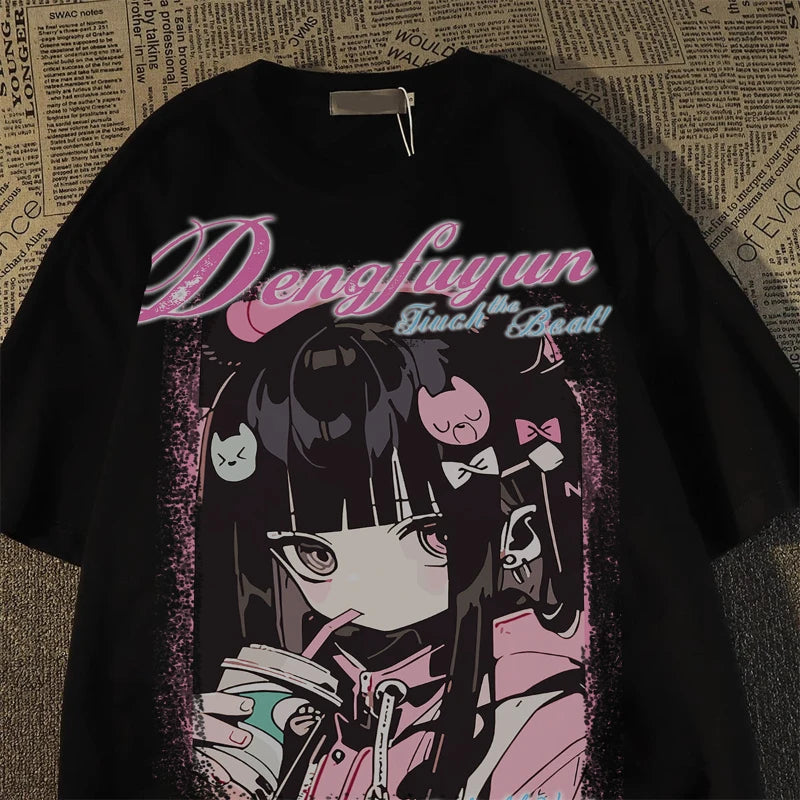 Trendy Brand Sweet Cool Anime Character Print Short-sleeved T-shirt for Men and Women Loose High Street Vintage Top, Summer