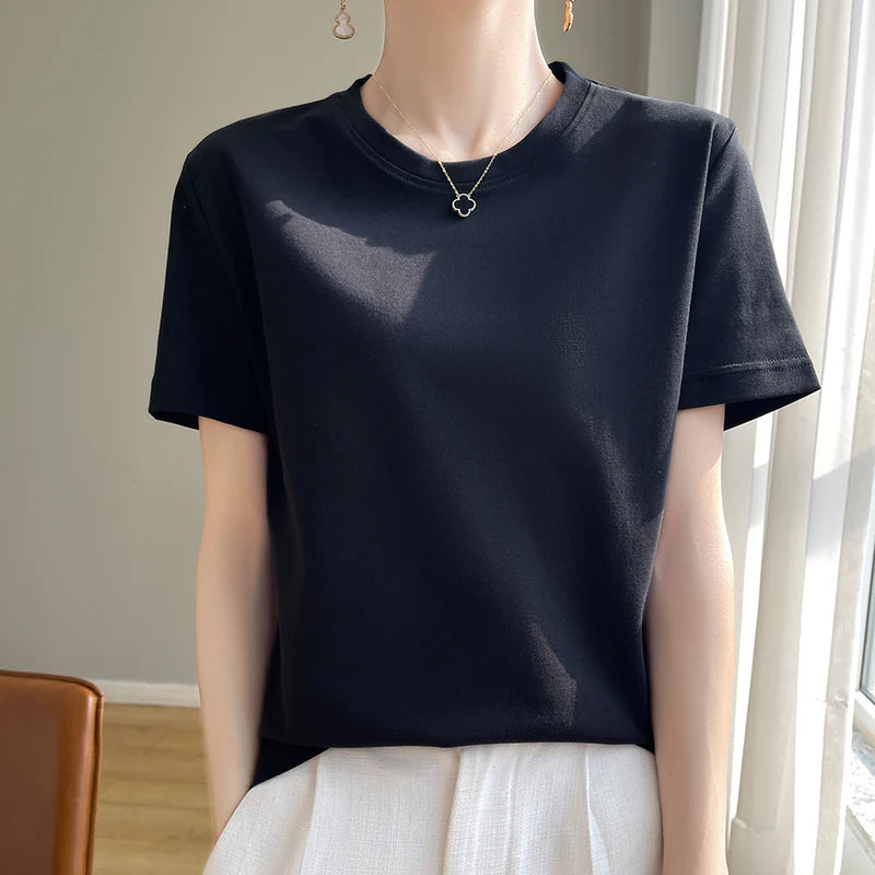 High-End Cool Mercerized Cotton Short-Sleeved T-shirt Women's Solid Color Half Sleeve Bottoming T-Shirt Top