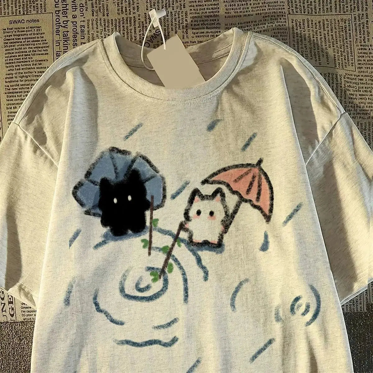 Loose Soft T-shirt with A Cute Black and White Japanese Cat Pattern A Summer Short-sleeved Top Women Clothing Graphic Tshirts