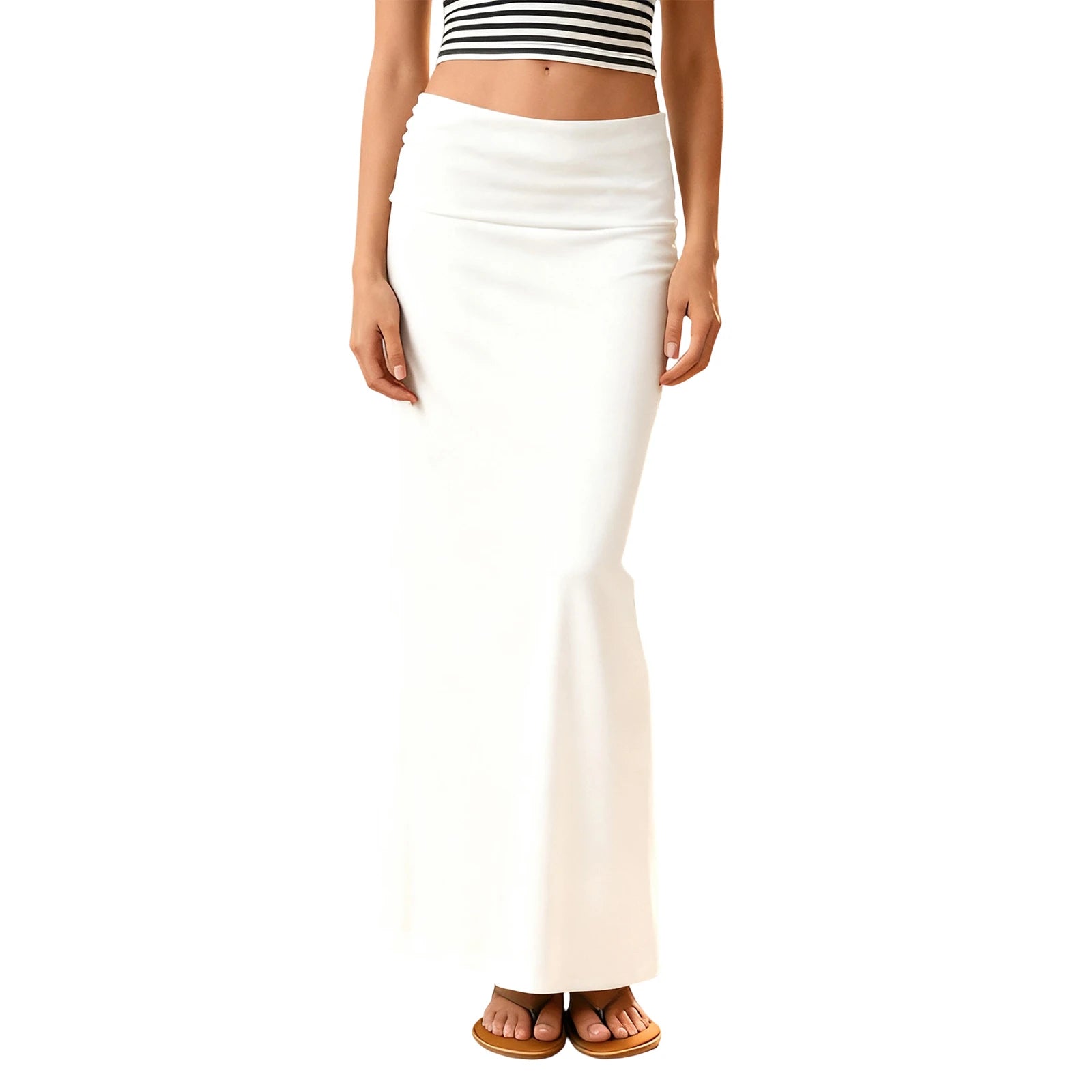 Women Long Straight Skirt Simple Solid Color Foldover Low Rise Casual Bodycon Skirt for Daily Office Party Y2K Streetwear
