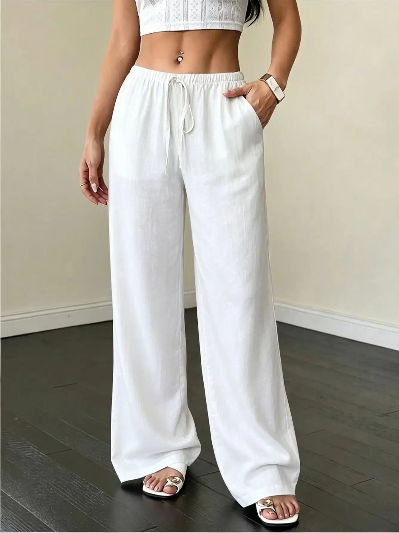 Women Summer Linen Wide Leg Pants Drawstring Elastic Waist Trousers, Casual Vacation Summer Clothing Women Trendy Outfit Bottoms
