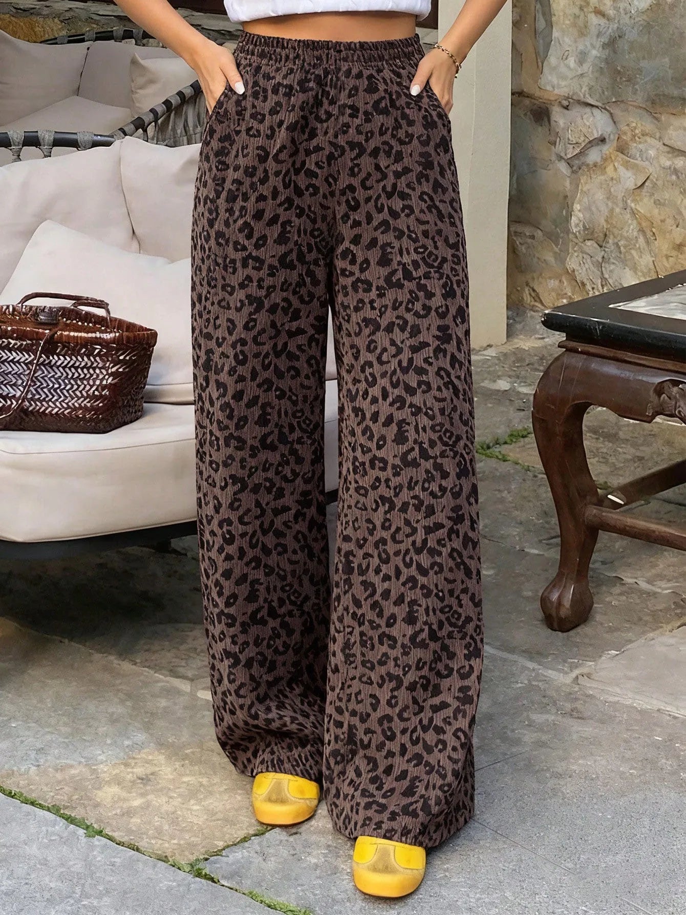 Women's Ribbed Leopard Print Wide Leg Pants, Elastic High Waist Drawstring Palazzo Trousers with Pockets, Casual Street Loose Bo