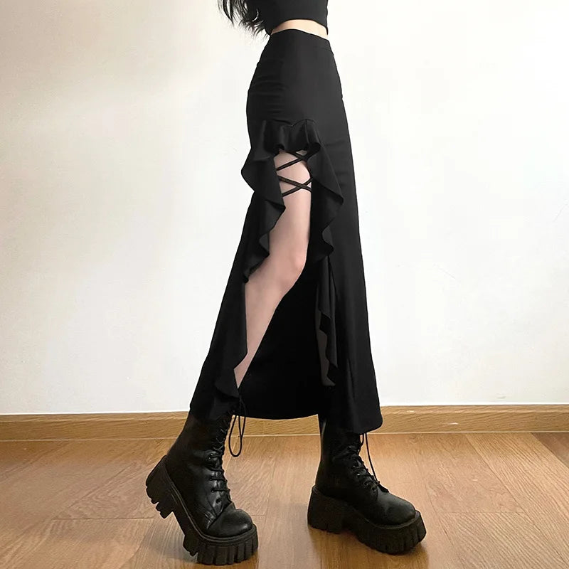 Women Spring Autumn Lace-up Slit Skirt Female Sexy Slim Wrap Hips Asymmetrical Skirts New Style Fashion Ankle-Length Midskirts