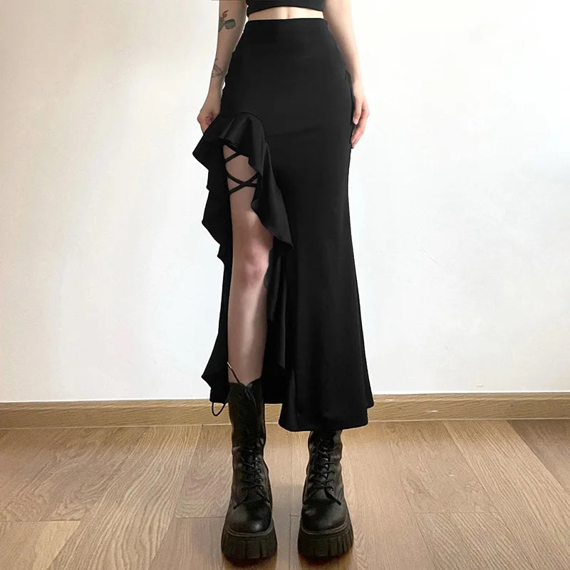 Women Spring Autumn Lace-up Slit Skirt Female Sexy Slim Wrap Hips Asymmetrical Skirts New Style Fashion Ankle-Length Midskirts