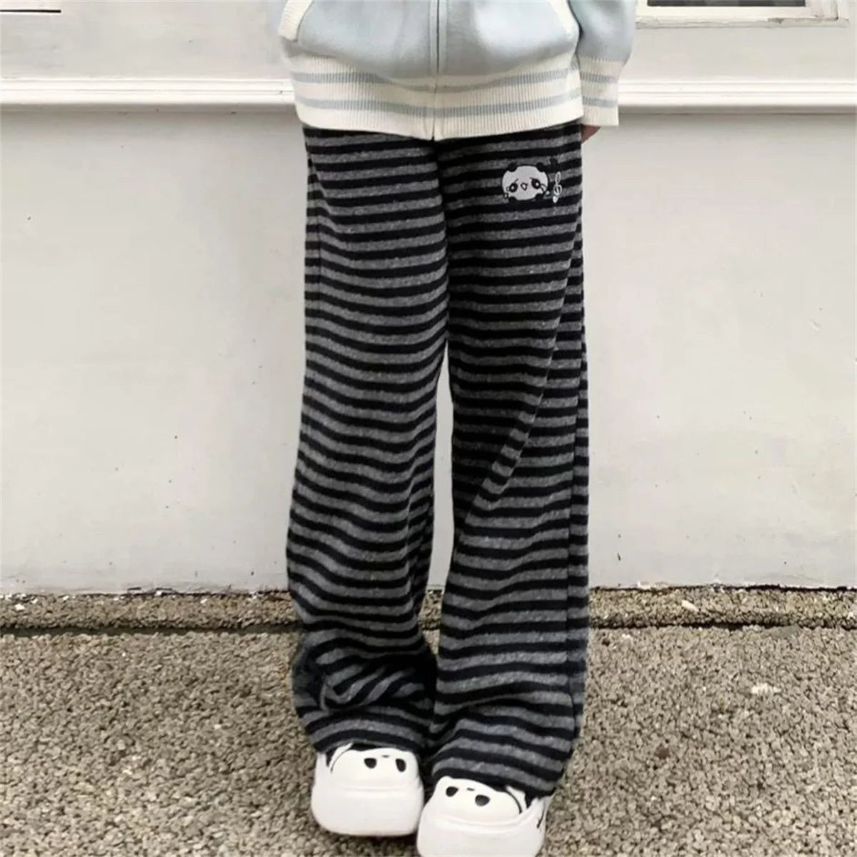 Harajuku Cartoon Embroidery Pants Women Kawaii Striped Loose Korean Trouser Shorts Y2K Subculture Vintage Female Wide Leg Pants