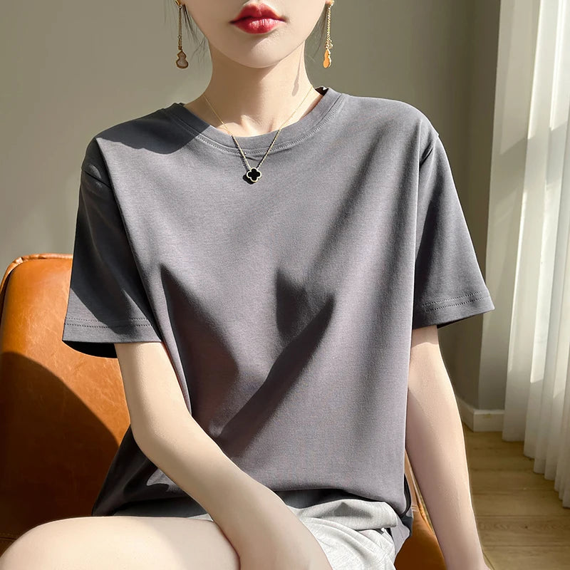 High-End Cool Mercerized Cotton Short-Sleeved T-shirt Women's Solid Color Half Sleeve Bottoming T-Shirt Top