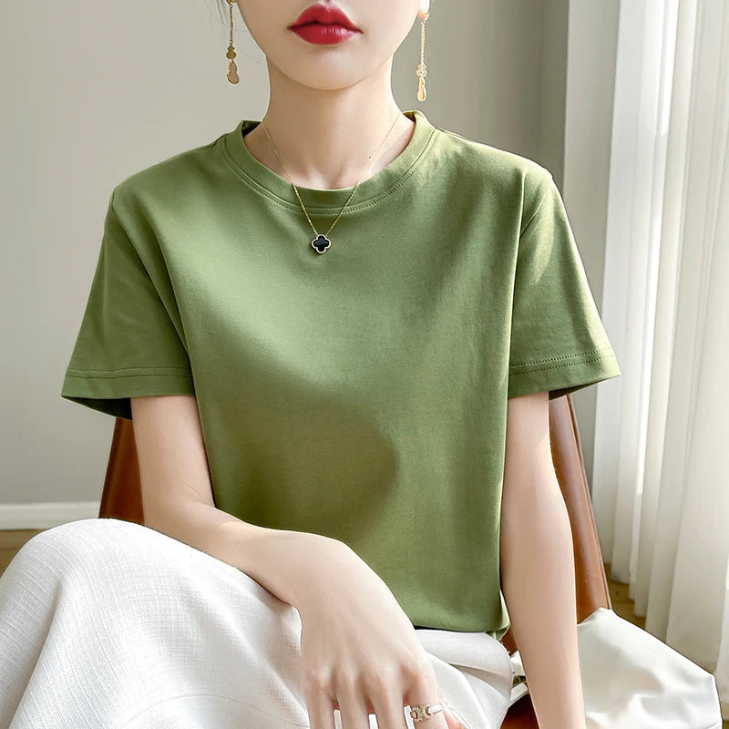 High-End Cool Mercerized Cotton Short-Sleeved T-shirt Women's Solid Color Half Sleeve Bottoming T-Shirt Top