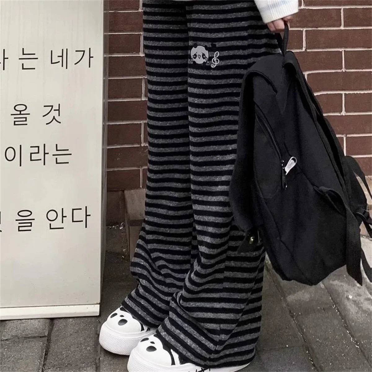 Harajuku Cartoon Embroidery Pants Women Kawaii Striped Loose Korean Trouser Shorts Y2K Subculture Vintage Female Wide Leg Pants