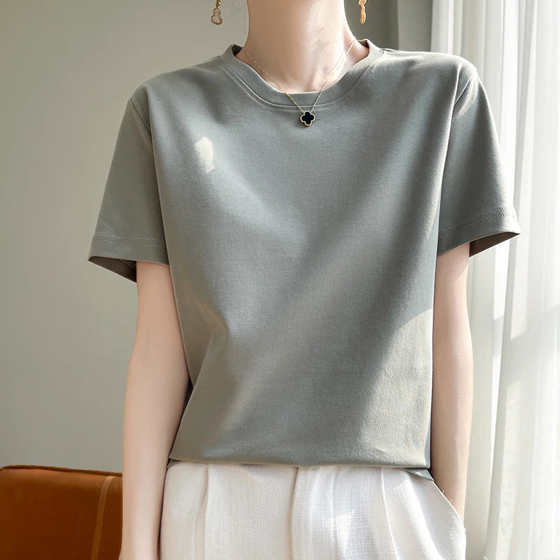 High-End Cool Mercerized Cotton Short-Sleeved T-shirt Women's Solid Color Half Sleeve Bottoming T-Shirt Top