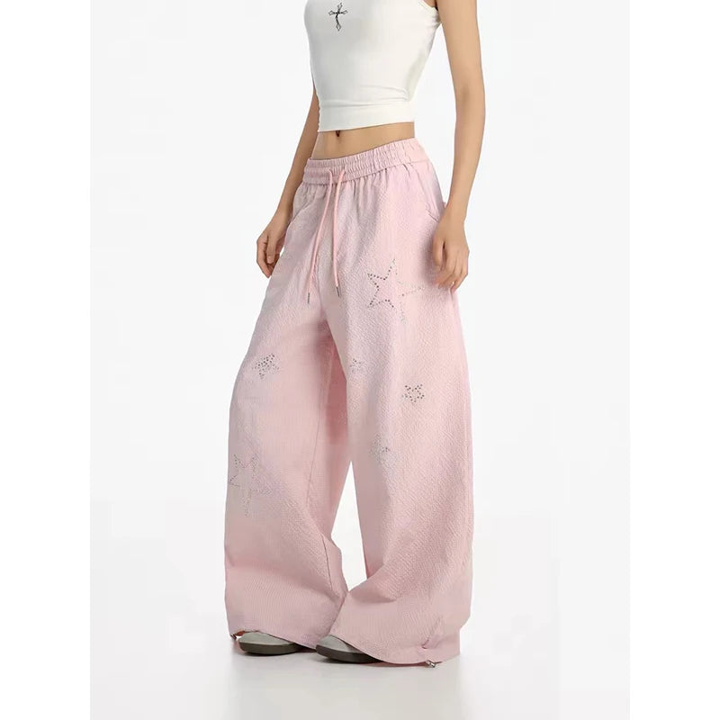 YIBASHU Women's Pink Baggy Pants Oversize Sweatpants Star Long Pants Harajuku Japanese 2000s Style Y2k Vintage Trousers Clothes