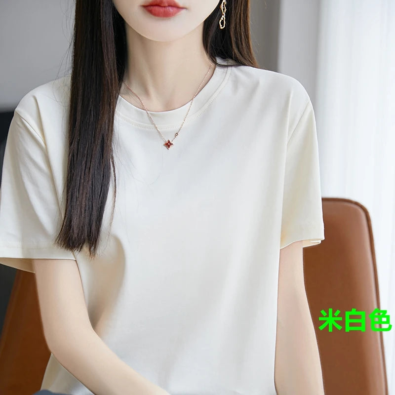 High-End Cool Mercerized Cotton Short-Sleeved T-shirt Women's Solid Color Half Sleeve Bottoming T-Shirt Top
