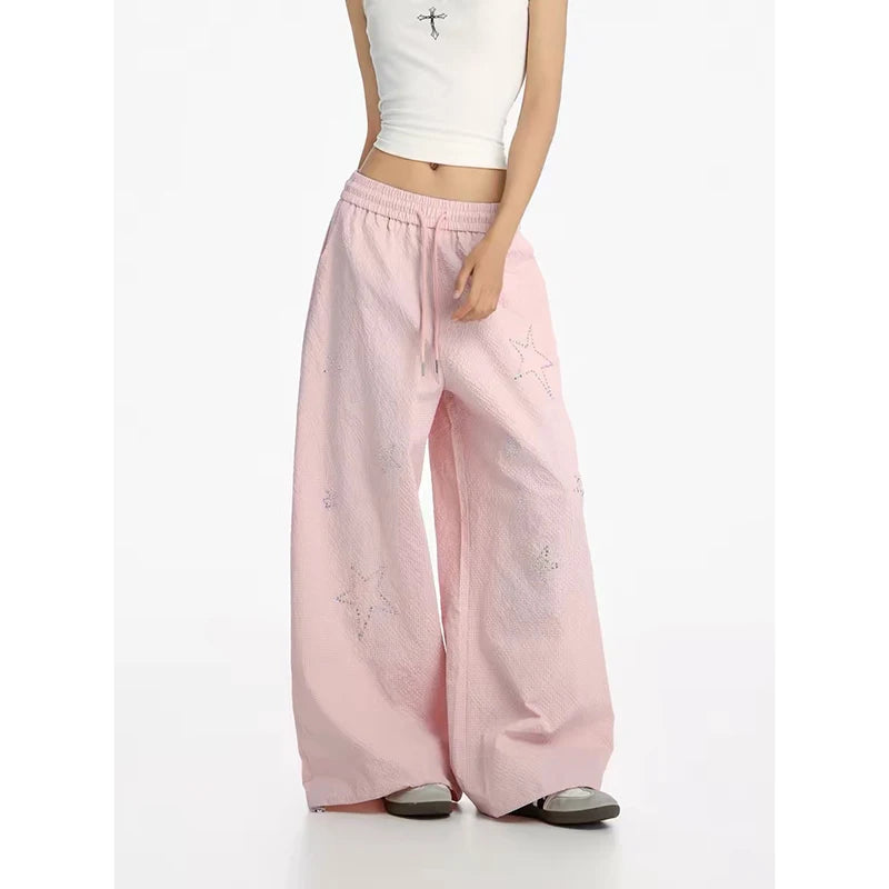 YIBASHU Women's Pink Baggy Pants Oversize Sweatpants Star Long Pants Harajuku Japanese 2000s Style Y2k Vintage Trousers Clothes