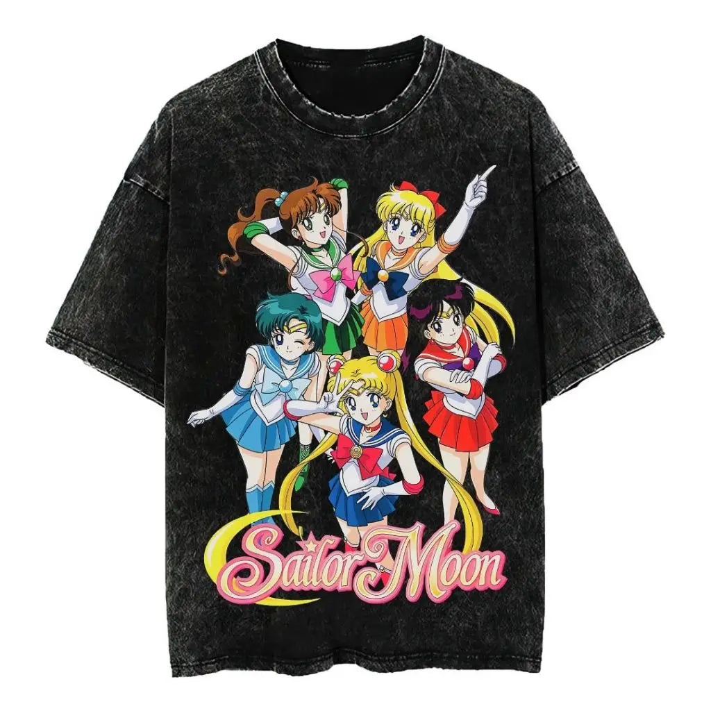 2026 New Arrival Women Sailor Moon 100% Pure Cotton Washed Retro T-shirt Summer Y2K Street Fashion Tops