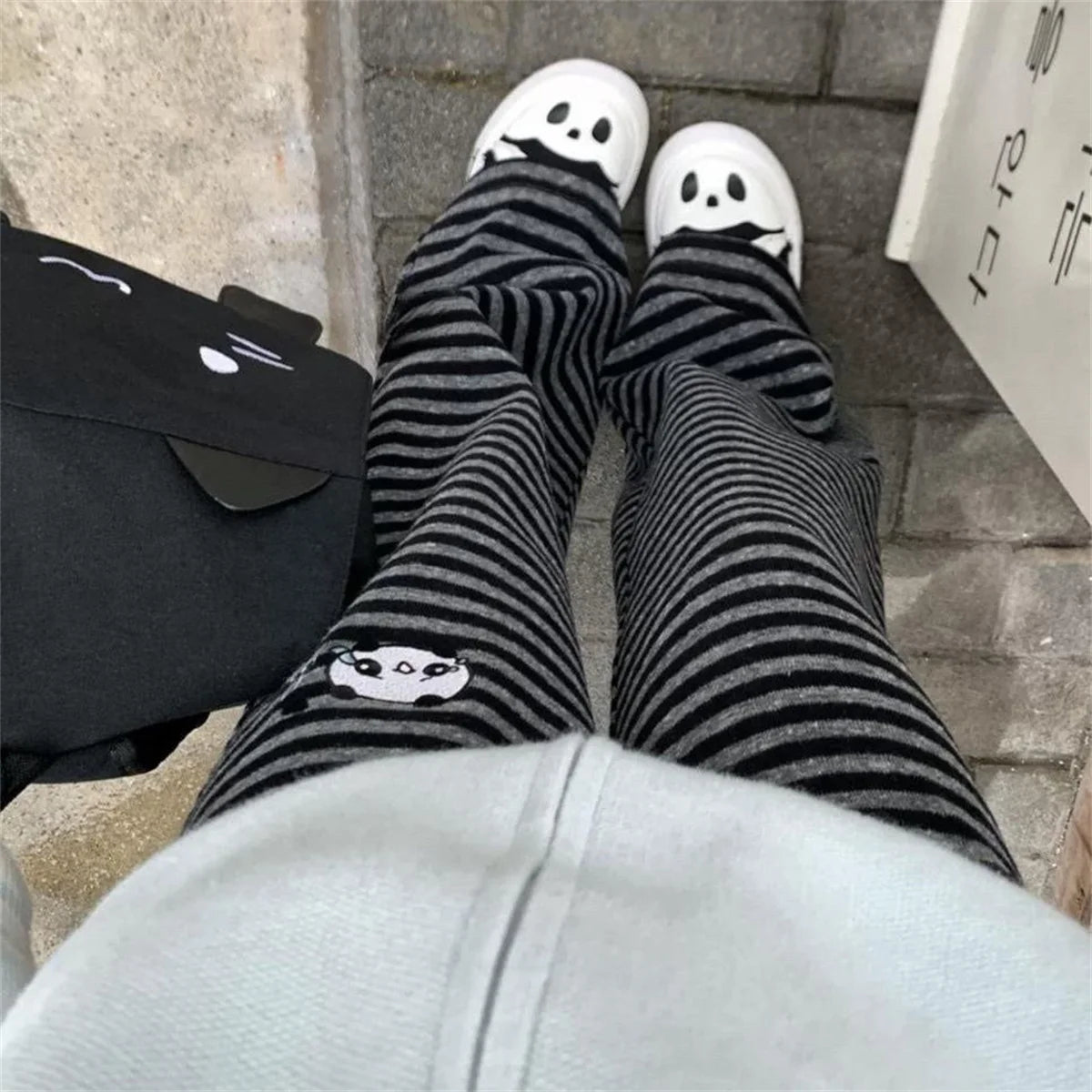 Harajuku Cartoon Embroidery Pants Women Kawaii Striped Loose Korean Trouser Shorts Y2K Subculture Vintage Female Wide Leg Pants