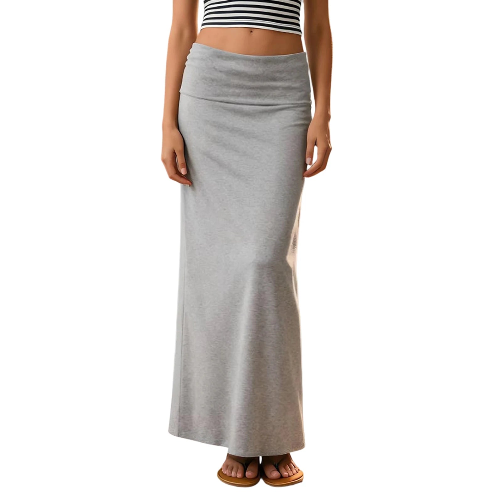 Women Long Straight Skirt Simple Solid Color Foldover Low Rise Casual Bodycon Skirt for Daily Office Party Y2K Streetwear