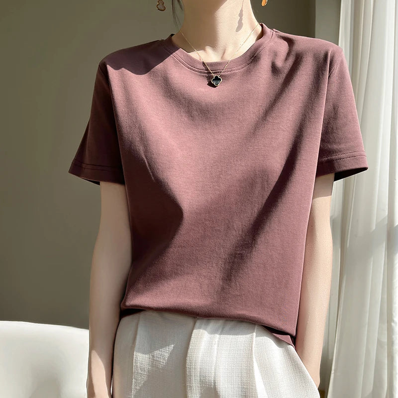 High-End Cool Mercerized Cotton Short-Sleeved T-shirt Women's Solid Color Half Sleeve Bottoming T-Shirt Top