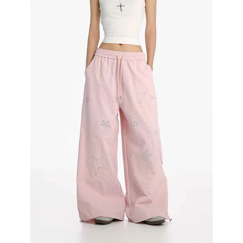 YIBASHU Women's Pink Baggy Pants Oversize Sweatpants Star Long Pants Harajuku Japanese 2000s Style Y2k Vintage Trousers Clothes