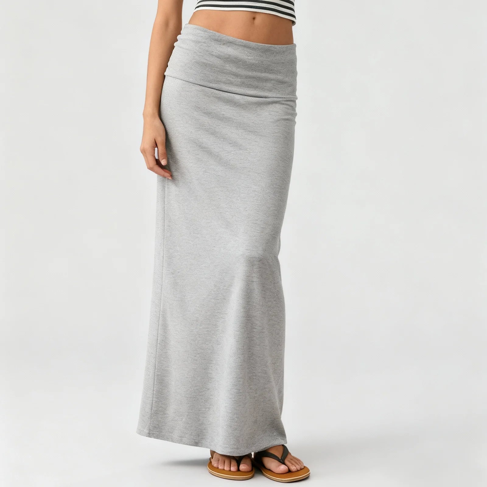 Women Long Straight Skirt Simple Solid Color Foldover Low Rise Casual Bodycon Skirt for Daily Office Party Y2K Streetwear