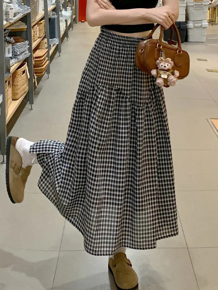 Women Sweet Plaid Long Skirt Summer Loose High Waist Vintage A Line Skirts Casual Retro Korean Preppy Style Cute Long Skirts New